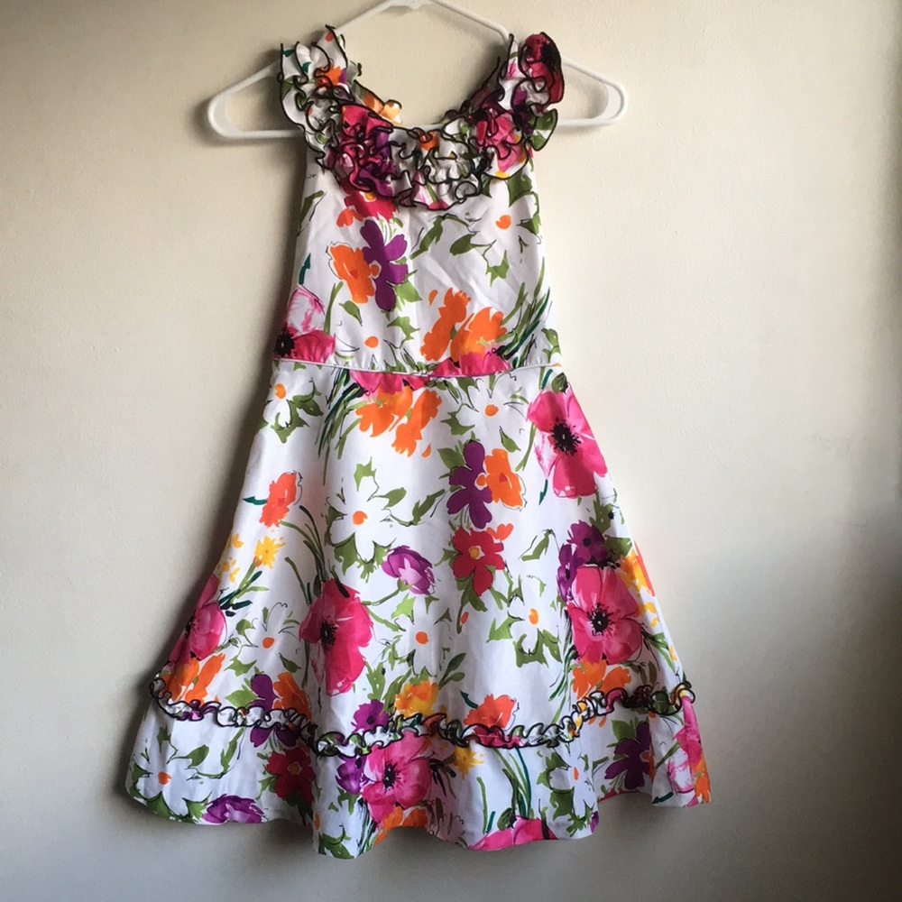 Bonnie Jean Sz 14 White Floral Girls Dress Sleeveless Multicolor Ruffle Zip